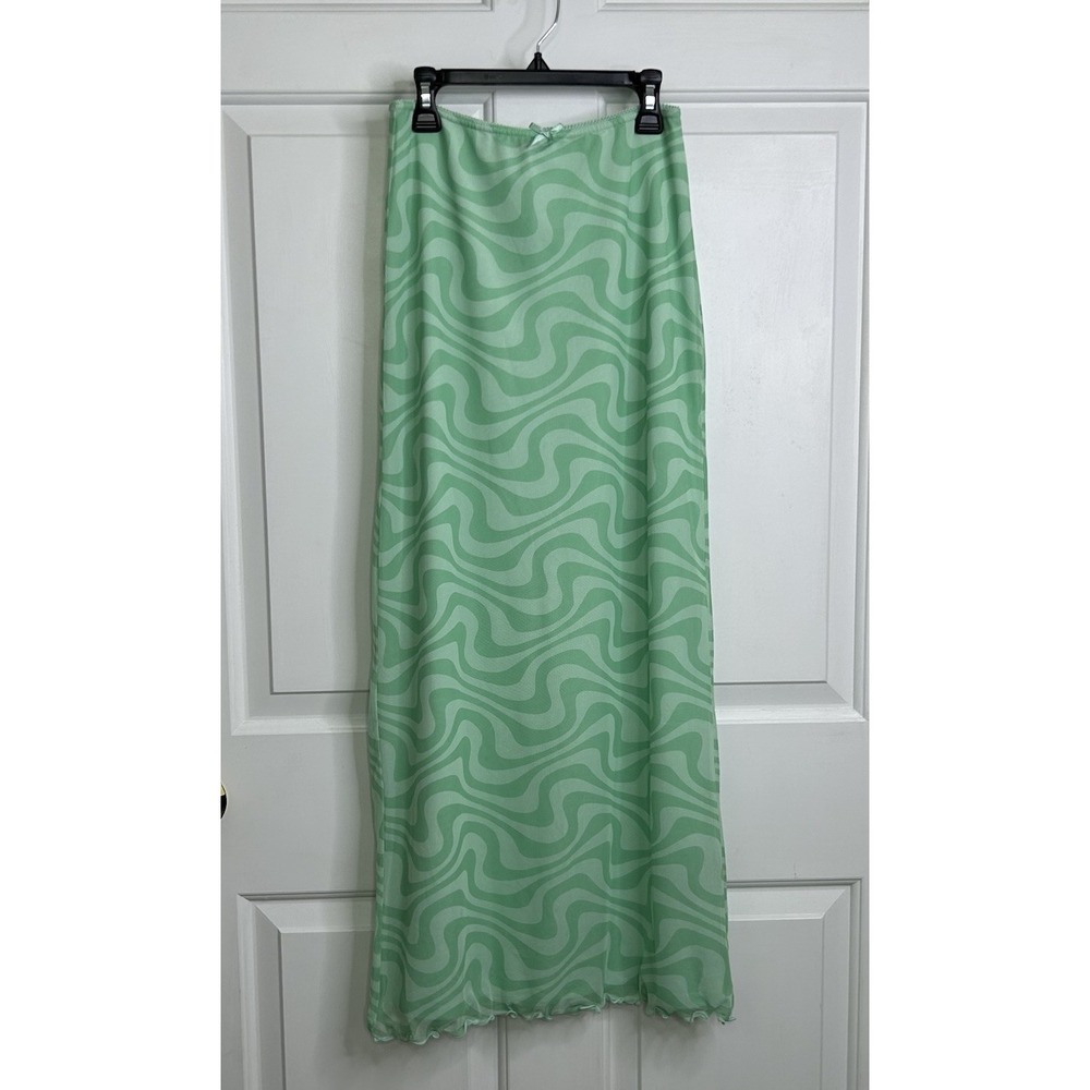 Urban Outfitters Maxi Slip Mesh Skirt Womens XS Wave Green Boho Groovy Low Rise